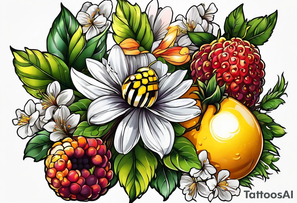 Birds, bees, fruit tattoo idea