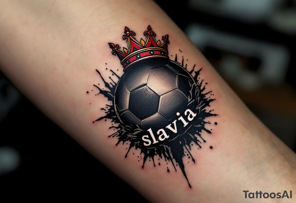 A black ball with a Slavia-red crown hovering above it like a king of the pitch and word "slavia" placed under it. tattoo idea