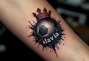 A black ball with a Slavia-red crown hovering above it like a king of the pitch and word "slavia" placed under it. tattoo idea