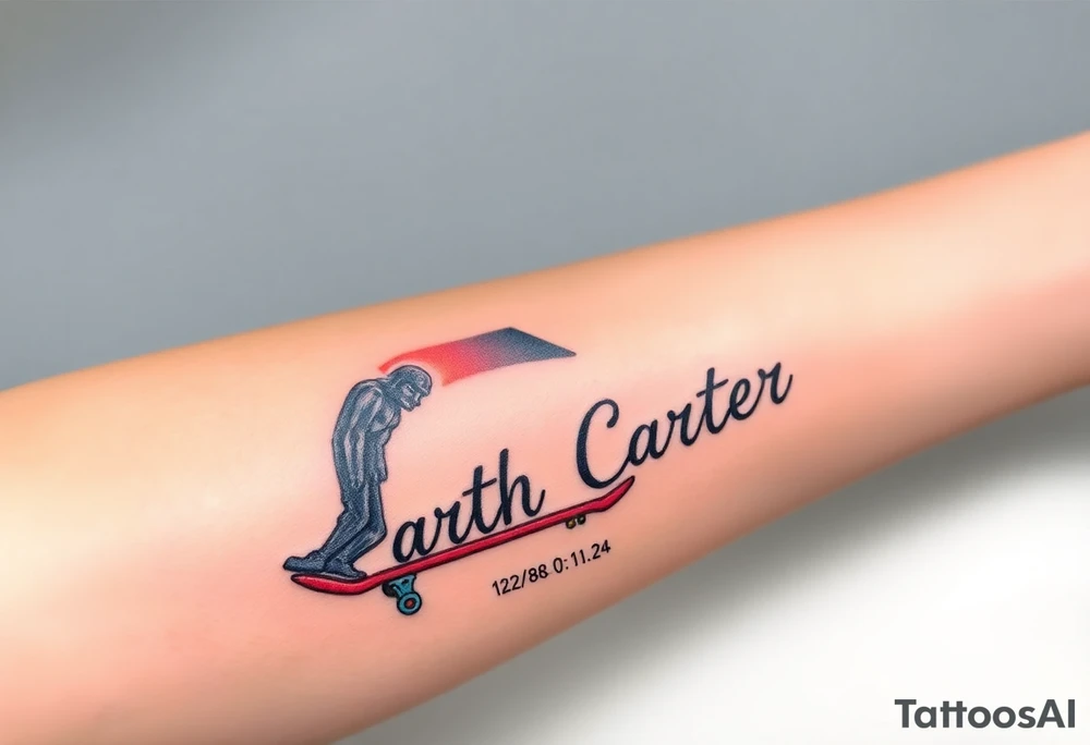Darth Vader skateboarding >
blue & red
skateboard words "Darth Carter"
add date 12/29/88-01/06/24 tattoo idea