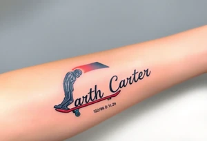Darth Vader skateboarding >
blue & red
skateboard words "Darth Carter"
add date 12/29/88-01/06/24 tattoo idea
