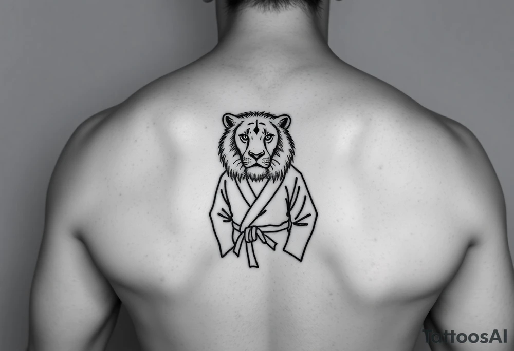 Lion in the Serengeti wearing a Brazilian jiu jitsu gi as a person would along side his two sons tattoo idea