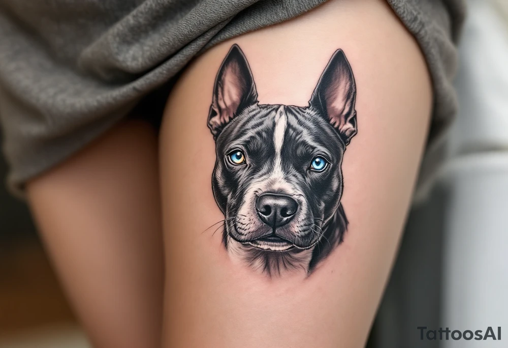 Black Ink Realism with Eye Color Pop – A fully black-and-gray realistic Staffordshire Bull Terrier with just the eyes in vivid blue or hazel, drawing focus. tattoo idea