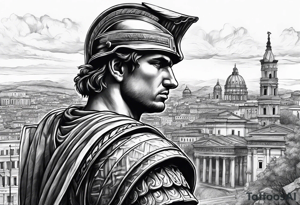 Close up of roman solider with city in the background tattoo idea
