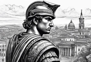 Close up of roman solider with city in the background tattoo idea