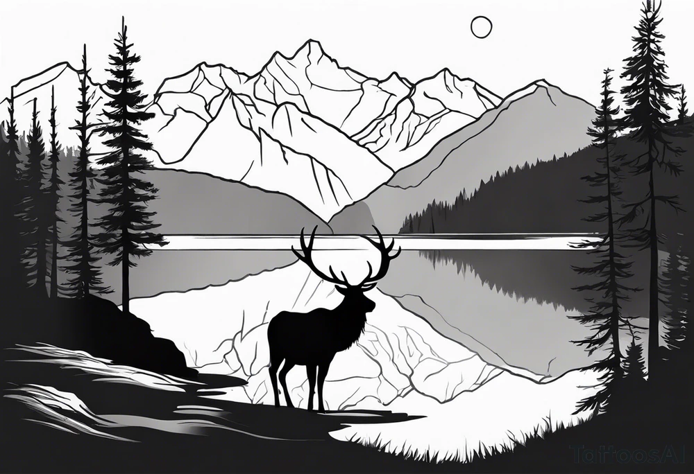 majestic elk near a lake, with mountains in the background tattoo idea