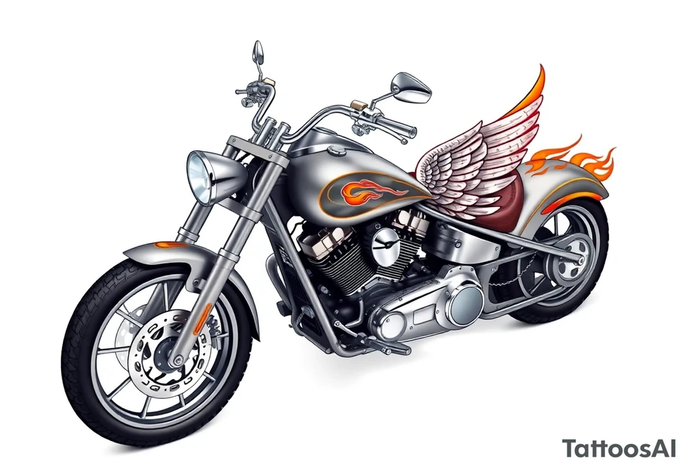 Low rider grey motorcycle, flames, angel wings tattoo idea