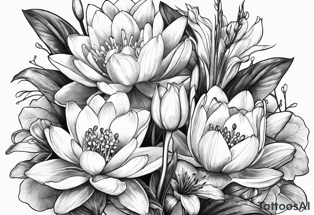 Water Lily, Lily of the Valley, Narcissus, and Gladiolus bouquet tattoo idea