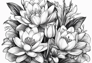 Water Lily, Lily of the Valley, Narcissus, and Gladiolus bouquet tattoo idea