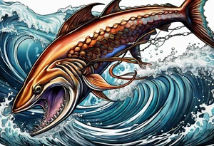 Giant squid fighting and pulling down a black marlin tattoo idea