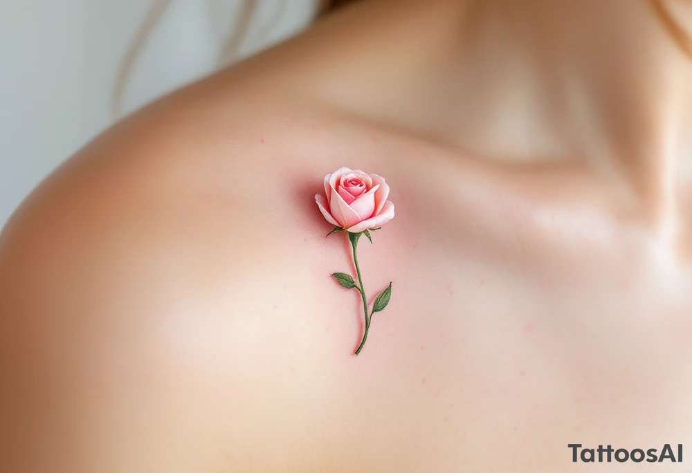 Tiny pink rosebud just starting to bloom, with soft pastel petals and a delicate green stem. tattoo idea