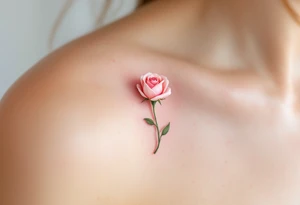 Tiny pink rosebud just starting to bloom, with soft pastel petals and a delicate green stem. tattoo idea