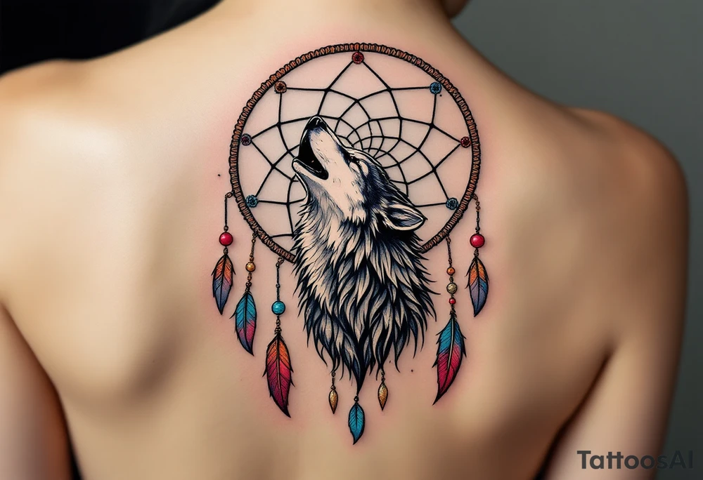 A majestic wolf howling in front of a dreamcatcher. The wolf is surrounded by dangling feathers and colorful beads that represent protection and guidance. A mix of earthy browns, dark greys for the wolf, and vibrant colors like deep red, turquoise, and gold for the feathers and beads. tattoo idea