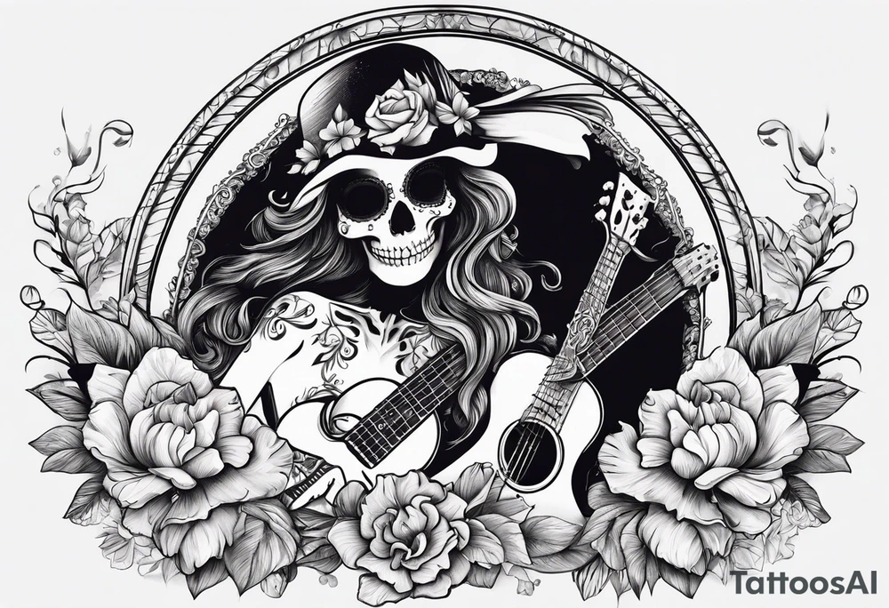 a female skeleton holding a hibiscus flower and a male skeleton playing a guitar. tattoo idea