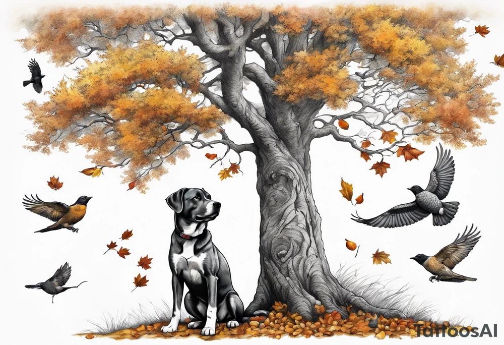 Autumn tree with a medium size grey brindle dog sitting to the right facing it looking up and birds flying from the top right of the tree far view tattoo idea