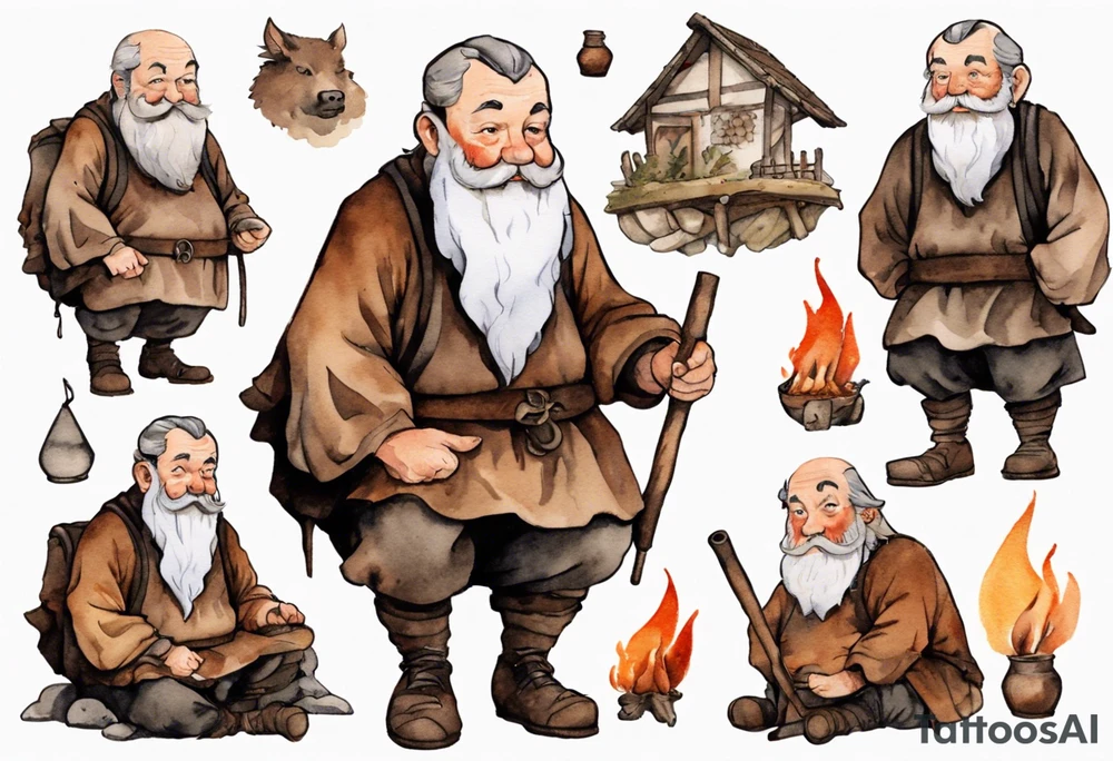 a 55-year-old medieval fat Bavarian man with a grey beard wearing a brown and black tunic sitting by a campfire with his pet boar tattoo idea