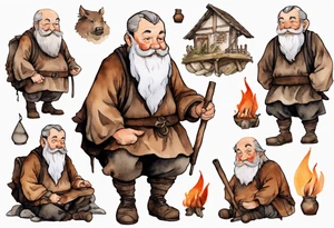 a 55-year-old medieval fat Bavarian man with a grey beard wearing a brown and black tunic sitting by a campfire with his pet boar tattoo idea