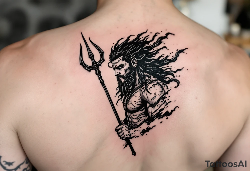 fit poseidon, behind a trident, with storm tattoo idea