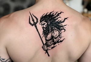 fit poseidon, behind a trident, with storm tattoo idea