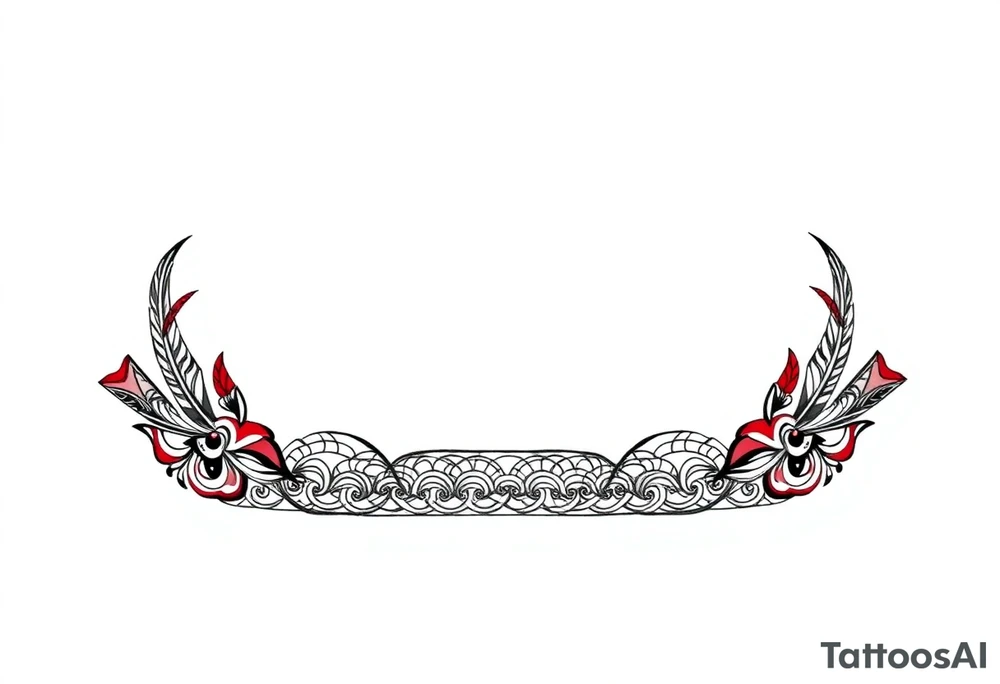 tattoo stencil, ultra-thin horizontal band (ratio 10:1), black and red line art. Fusion of:  
- Greek meander pattern,  
- Neo-tribal sharp angles,  
- Chinese dragon scales (black) and phoenix feathers (red).  
Hidden details: small Bagua trigrams in corners.  
Seamless repeating pattern, NO background, perfect for forearm wrap-around.  
Style: intricate line art, inspired by ancient Greek pottery and dotwork tattoos. tattoo idea