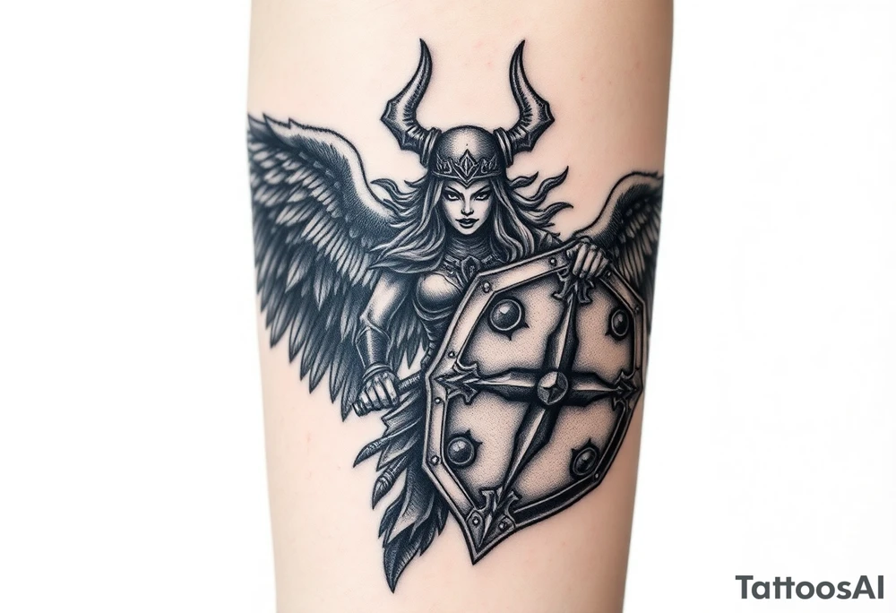 A fierce looking Valkyrie with very big dark wings. The whole body should be visible. 
She's wielding a menacing axe and a sturdy shield with a vegvisir symbol. 

Her face is screaming with battle rage.

She's heavily armored and ready for battle tattoo idea