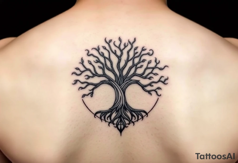 yggadrisl tree of life with circle. Jai , Phoebe, Imogen, Matilda in the circle tattoo idea