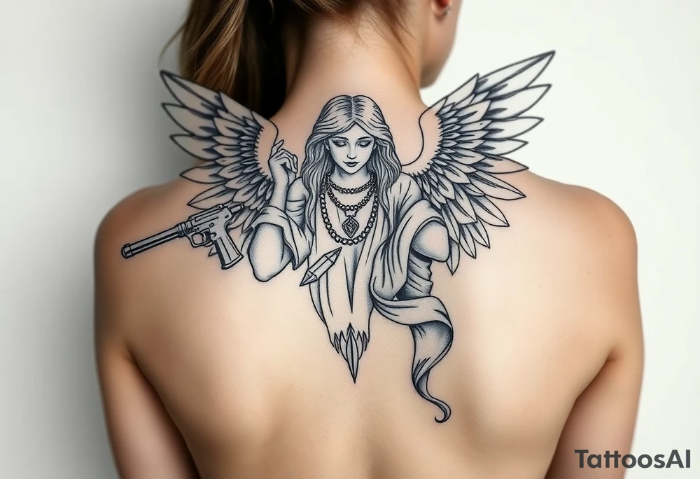 tattooed criminal-style angel statue, weapons in hand, gangster-style gold necklaces tattoo idea