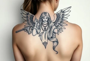 tattooed criminal-style angel statue, weapons in hand, gangster-style gold necklaces tattoo idea