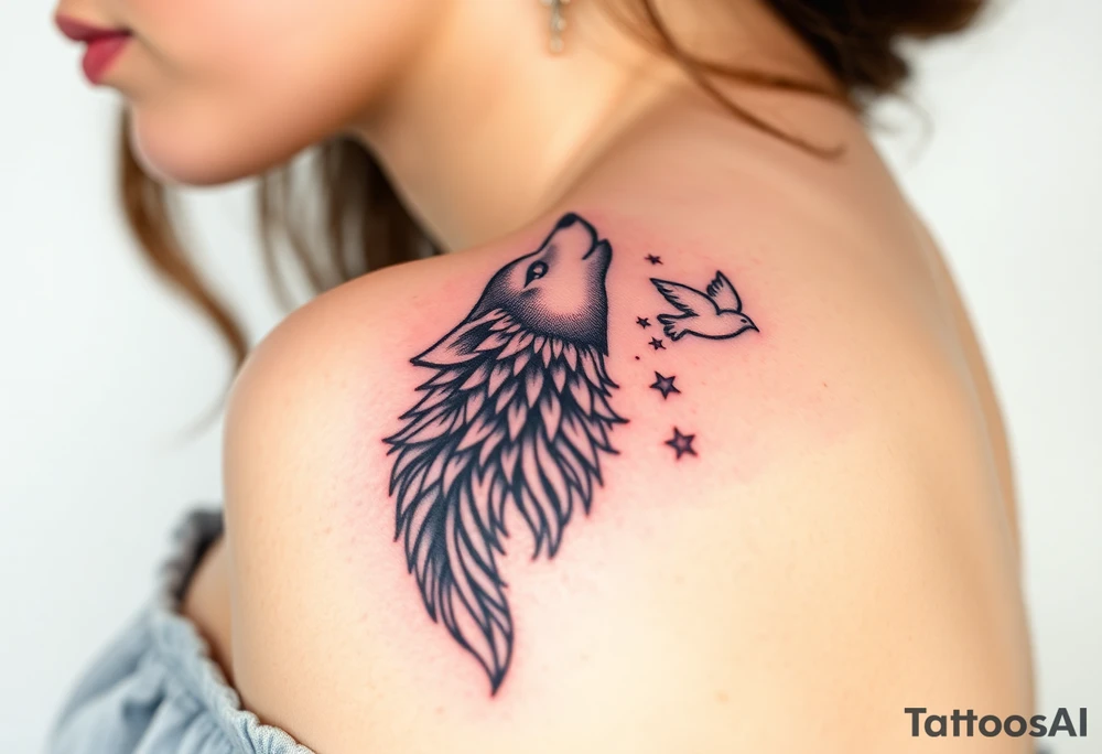 Wolf howling moon stars dove tattoo idea