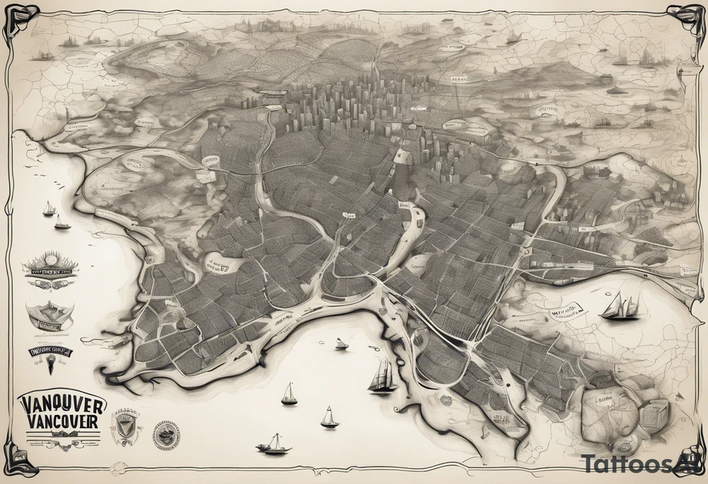 A overview old school map of vancouver B.C with water drop staining and major roadways highlighted with honeycomb tattoo idea