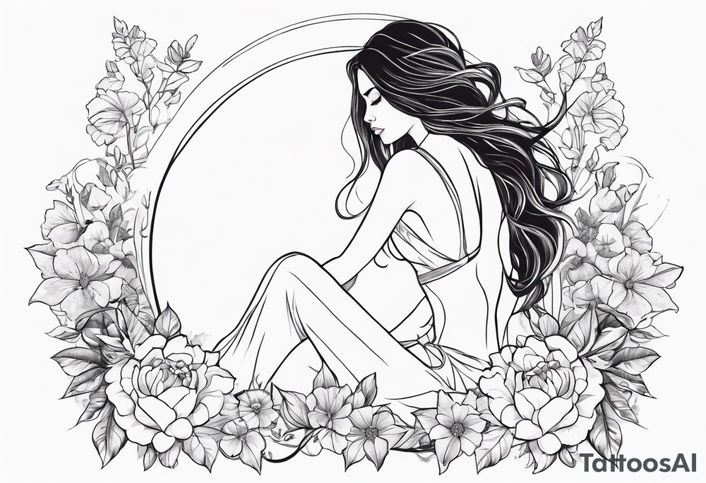 Full body Powerful sexy warrior woman wearing animal fur surrounded by flowers and vines tattoo idea