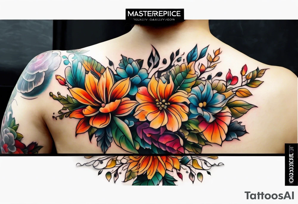 Full arm sleeve with fall colors, flowers, water, leaves and various shapes tattoo idea