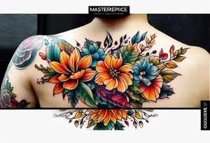 Full arm sleeve with fall colors, flowers, water, leaves and various shapes tattoo idea