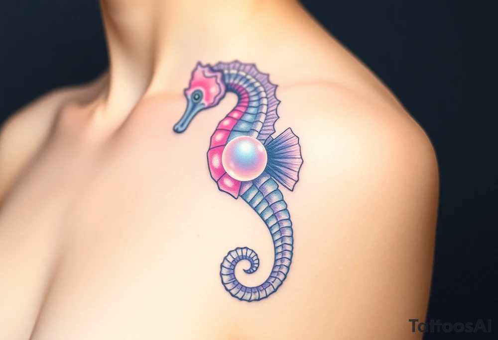 A translucent glass-like seahorse in soft pastel hues of lavender and pink, with a glowing pearl at its center. tattoo idea