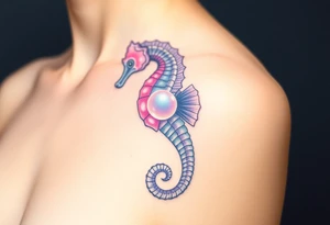 A translucent glass-like seahorse in soft pastel hues of lavender and pink, with a glowing pearl at its center. tattoo idea