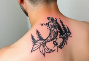 color tattoo on shoulder mermaid and forest around with starry sky tattoo idea