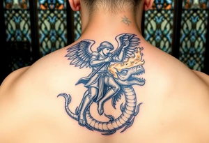 cathedral style stained glass with a angel in armor wielding a spear fighting a sea serpent that breathes fire tattoo idea