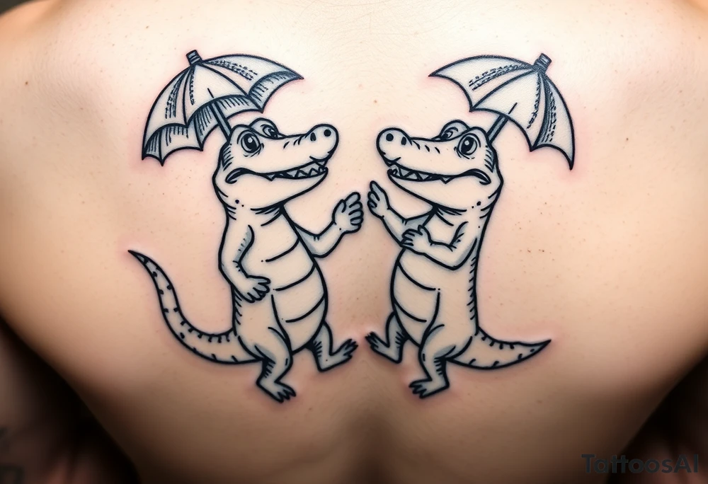 Two cartoon alligators dancing together with mardi gras umbrellas tattoo idea