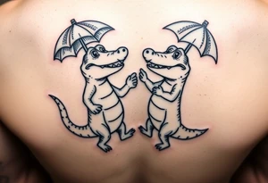 Two cartoon alligators dancing together with mardi gras umbrellas tattoo idea