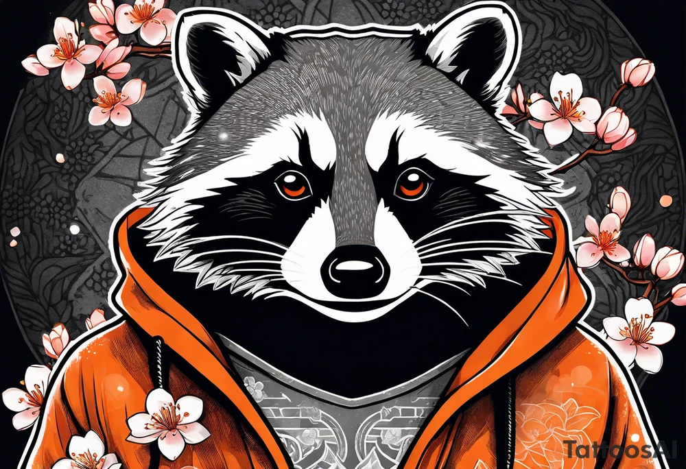 Raccoon wearing a white Superman logo on a black hoodie and orange Japanese cherry blossoms beside tattoo idea