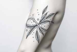 infinity symbol woven with floating feathers and stardust tattoo idea