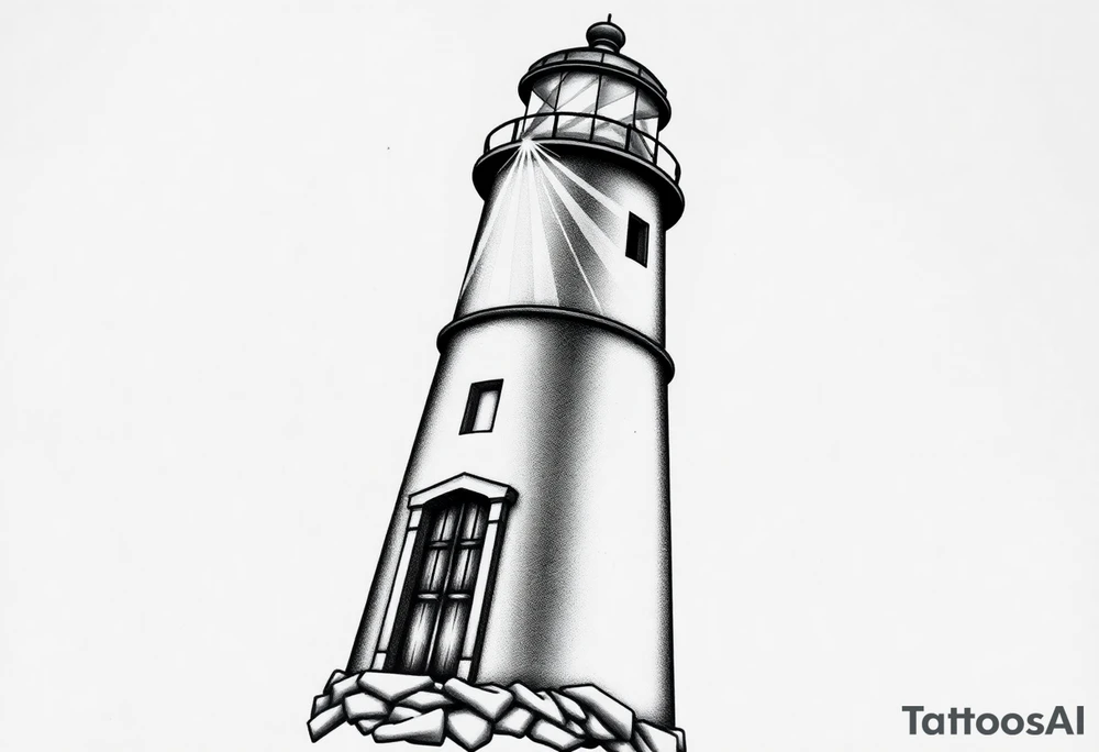 Lighthouse with beams of light with a few windows and an old door with tattoo idea