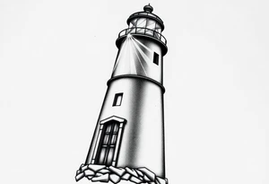 Lighthouse with beams of light with a few windows and an old door with tattoo idea