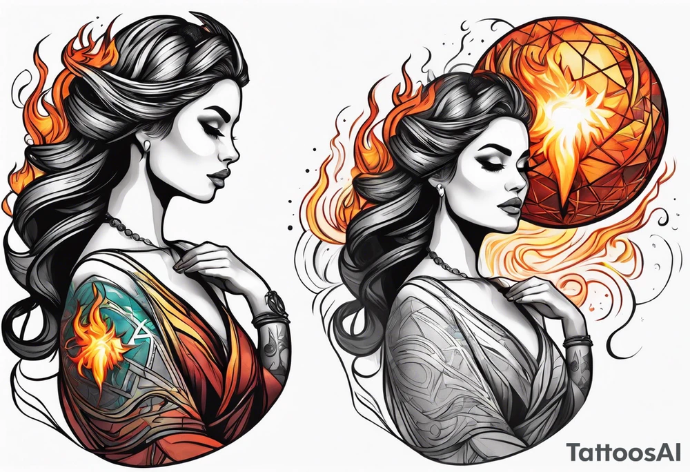 Woman holding fiery ball above her head tattoo idea