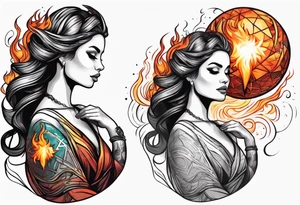 Woman holding fiery ball above her head tattoo idea