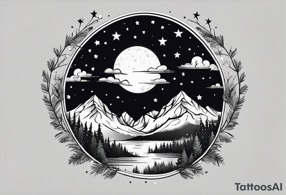 Lighter shaded night sky with stars.  Night sky fading at edges 

Mountains 

Trees with snow on them tattoo idea