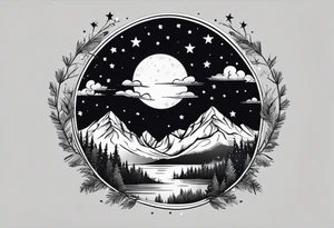 Lighter shaded night sky with stars.  Night sky fading at edges 

Mountains 

Trees with snow on them tattoo idea