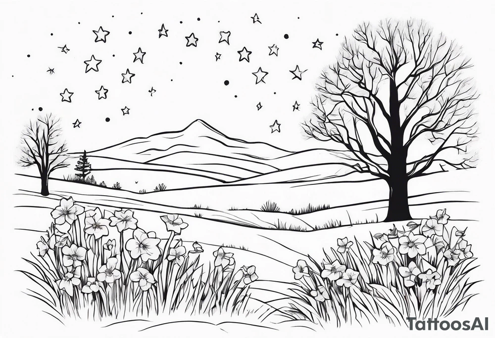 Winter sky, flowers, stars, violets, primroses, daffodil, jonquil, snow, oak tree tattoo idea