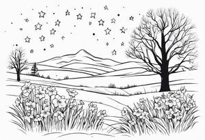 Winter sky, flowers, stars, violets, primroses, daffodil, jonquil, snow, oak tree tattoo idea