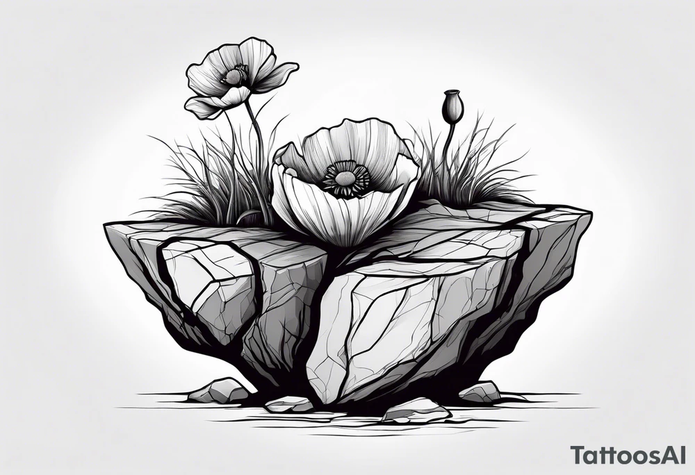 Lone  poppy growing out of boulder with roots enveloping rock tattoo idea